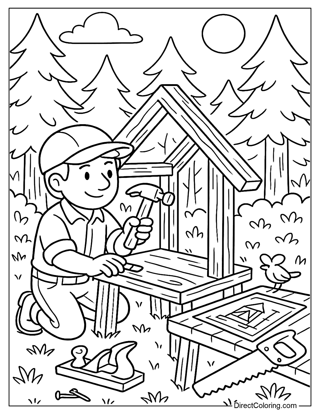 Carpenter building a small wooden shack in the woods coloring page, with workbench with drawings, saw and plane.